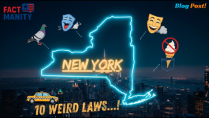 weird laws in New York illustrated with glowing New York map and quirky law icons