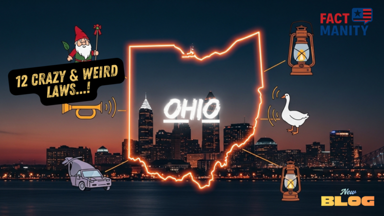 weird laws in Ohio illustrated with glowing Ohio map and quirky law icons
