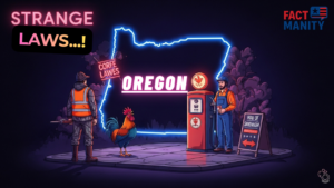 weird laws in Oregon illustrated with Oregon state map outline and bizarre law symbols