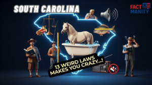 weird laws in South Carolina illustrated with state outline and bizarre law scenes