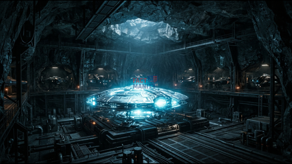 S-4 Area 51 underground hangar with disc-shaped alien spacecraft declassified secret facility