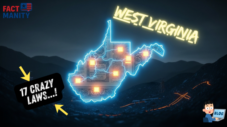 Weird laws in West Virginia highlighted with neon state map and Appalachian background