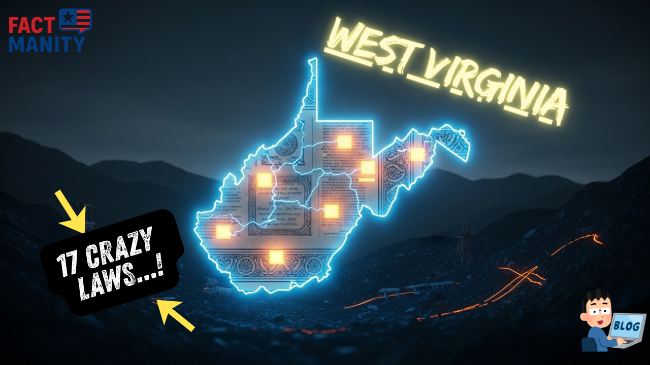 Weird laws in West Virginia highlighted with neon state map and Appalachian background