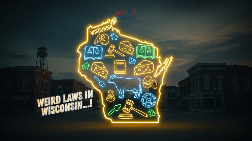 Weird laws in Wisconsin concept with neon state map outline and symbolic legal elements