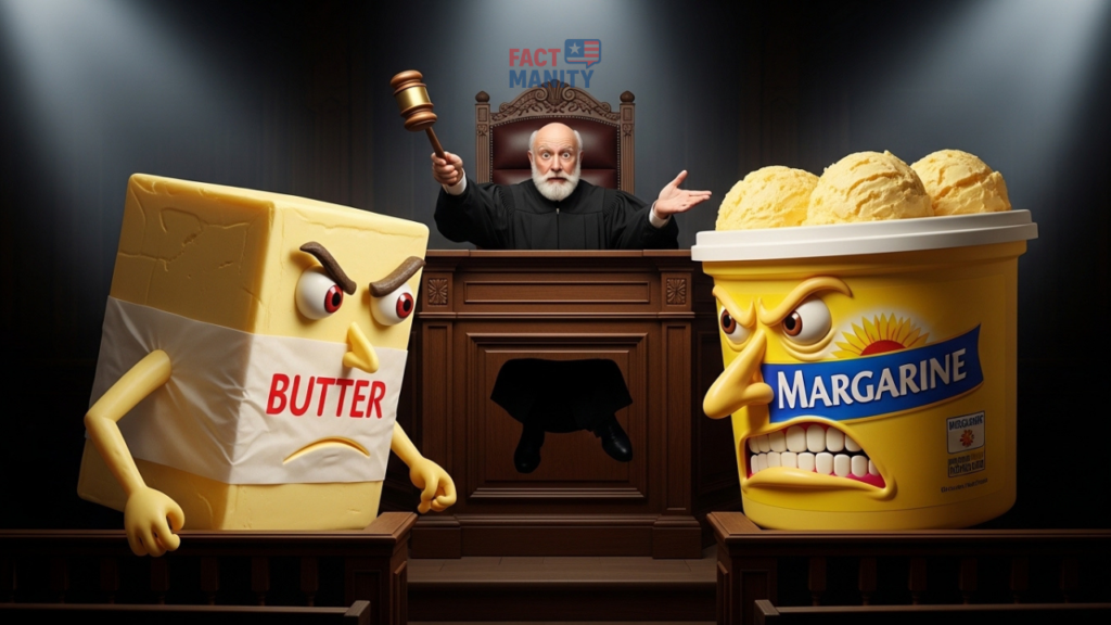 Weird laws in Wisconsin illustrated with absurd margarine vs butter courtroom scene