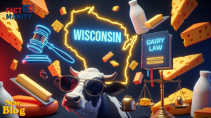 Weird laws in Wisconsin illustrated with neon state map outline and dairy theme