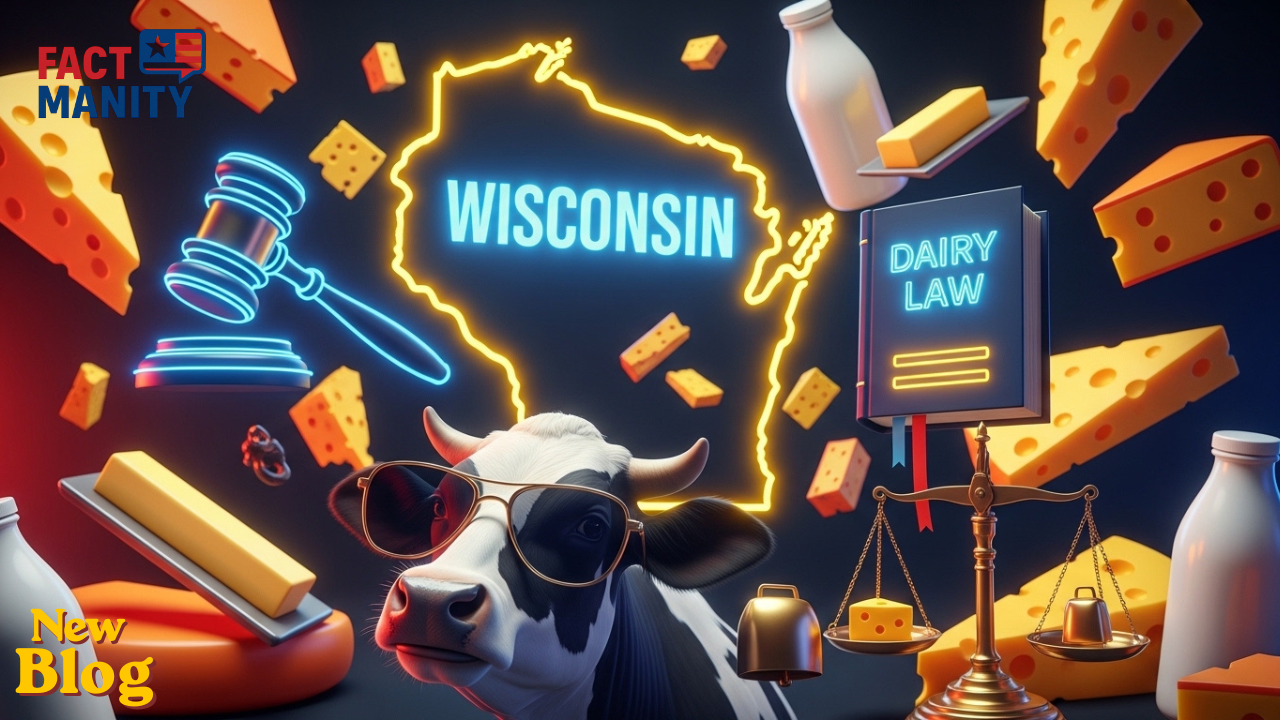 Weird laws in Wisconsin illustrated with neon state map outline and dairy theme