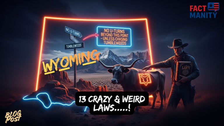 Weird laws in Wyoming illustrated with neon Wyoming map outline and cowboy theme