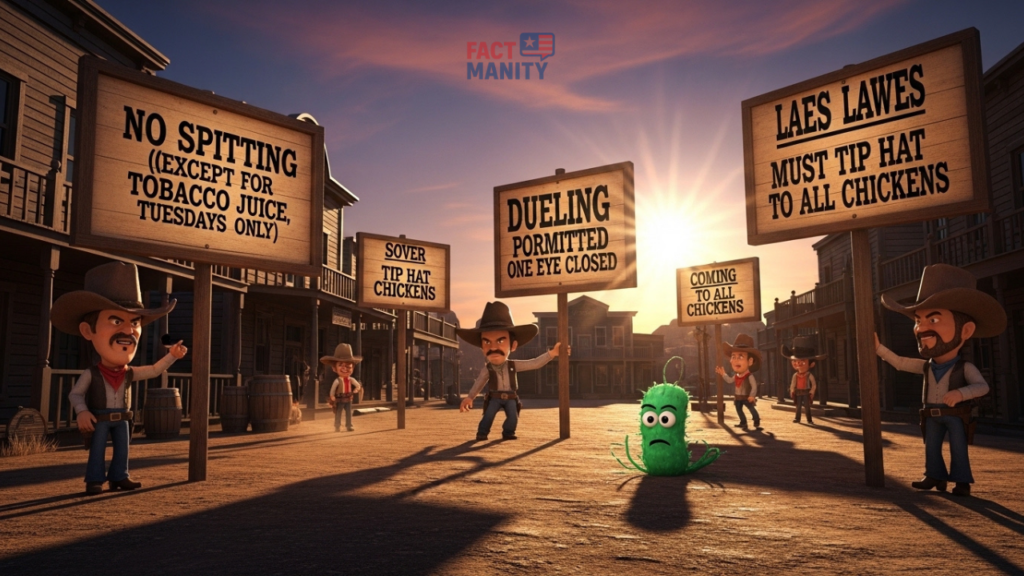 Weird laws in Wyoming shown through wild west style town and strange rules